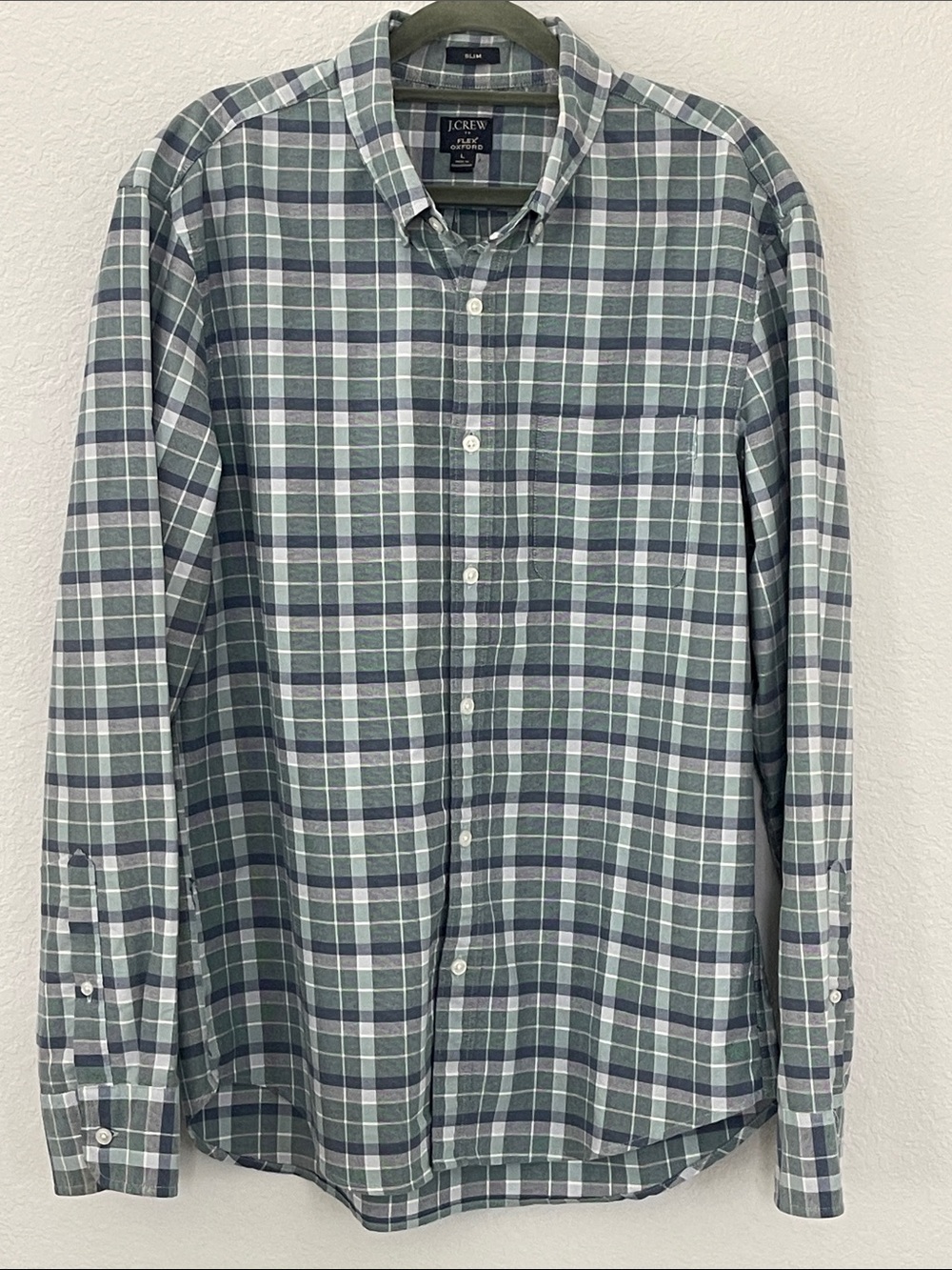 J.Crew Flex Oxford Slim Fit Plaid Button Down Shirt Men’s Large 100% Cotton